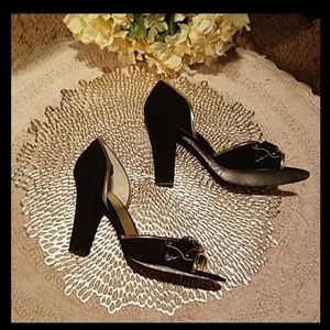 Nine West Suede & Leather Open Toe Heels